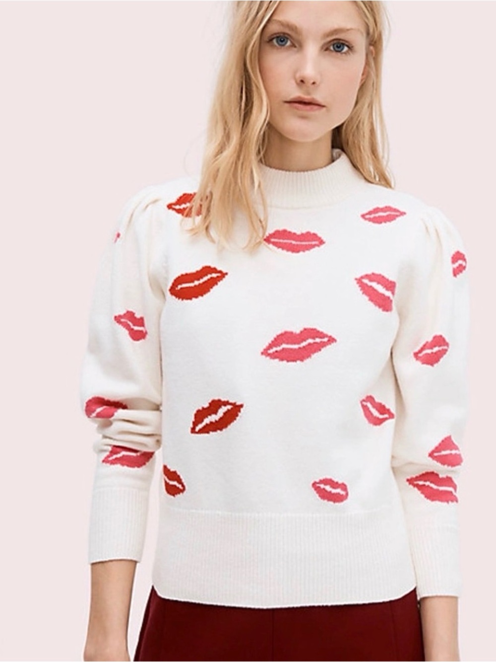 kate spade White Sweater with Pink & Red Lip Print